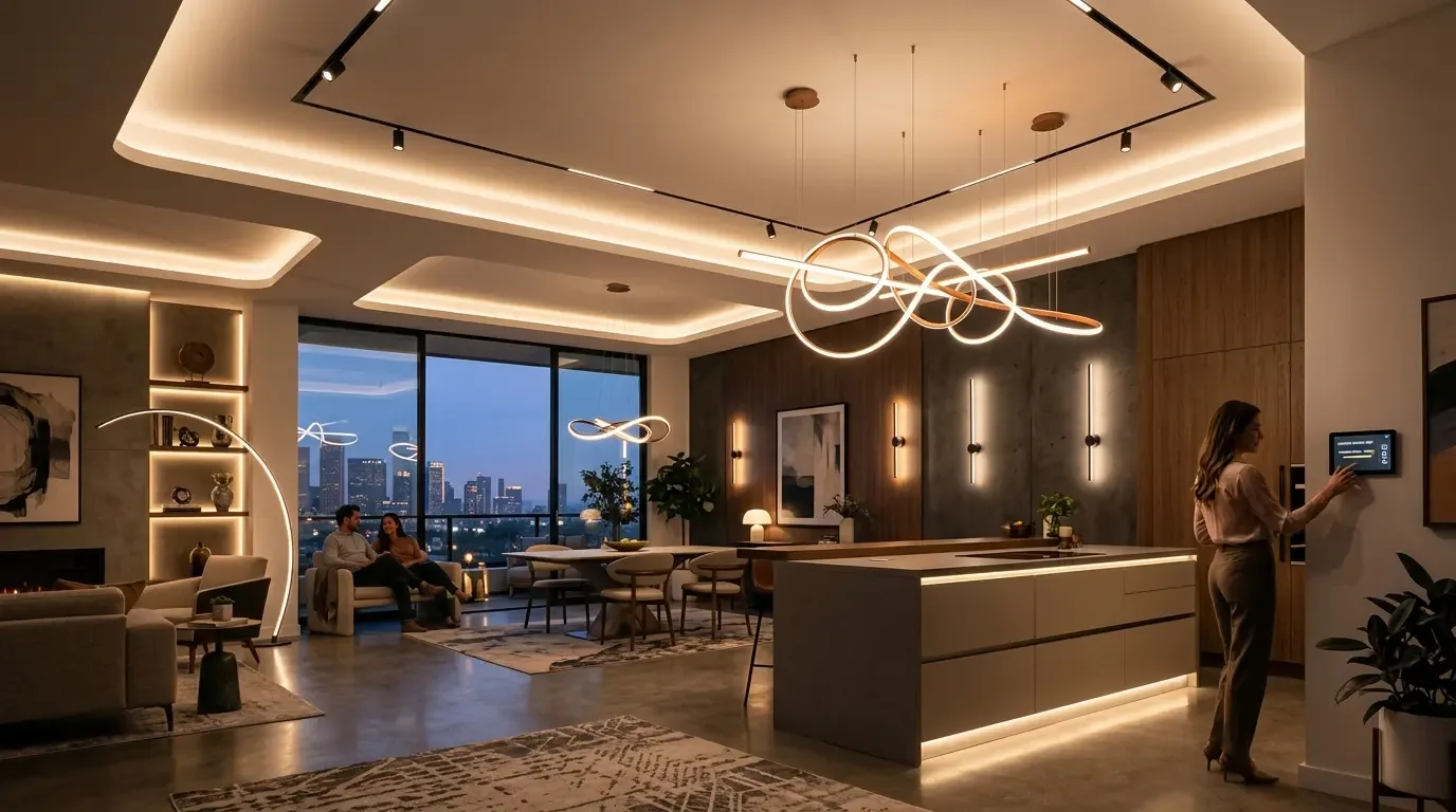 A modern open-concept living and dining area with a kitchen island, featuring contemporary lighting and city skyline