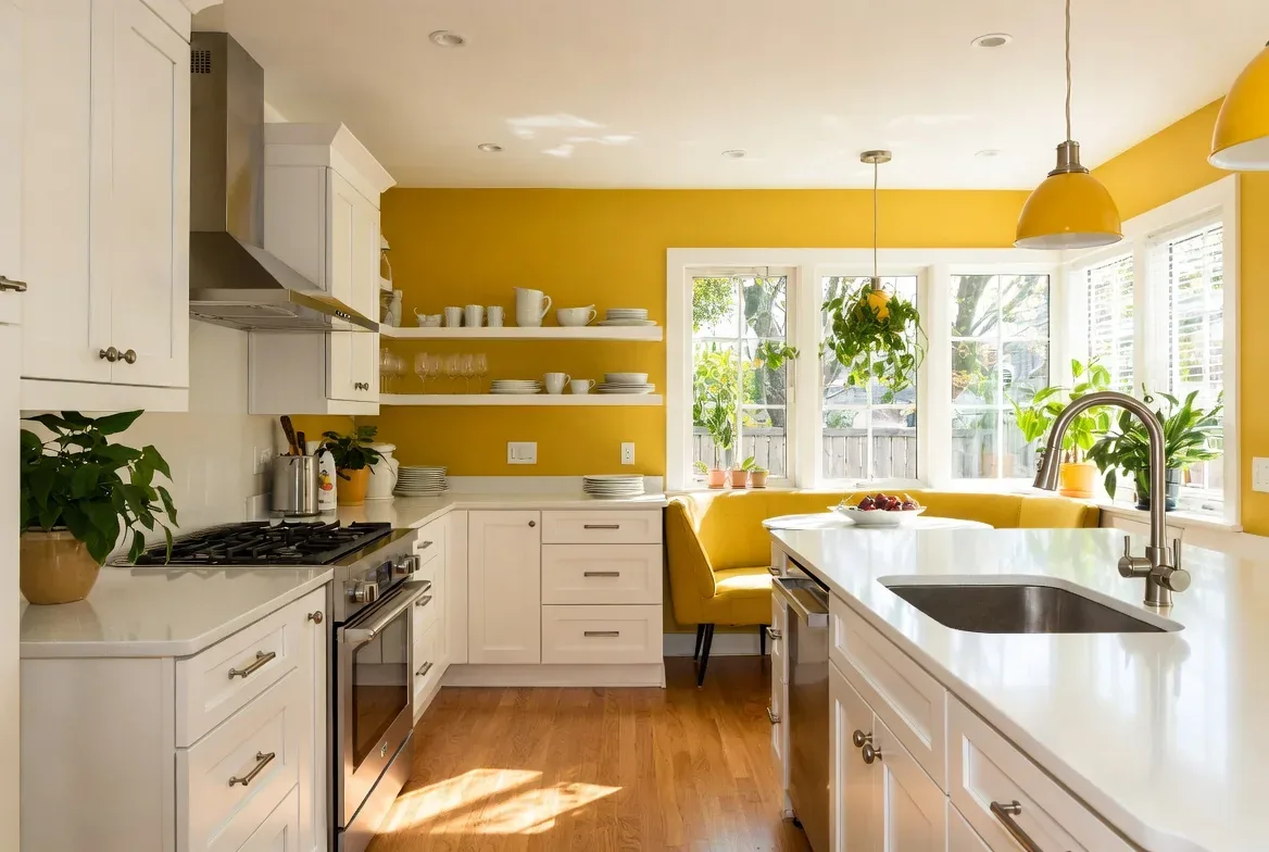 A bright kitchen with white cabinetry, yellow walls, and a yellow banquette seating area by large windows with hanging plants