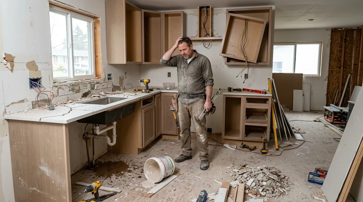 In a partly renovated kitchen, tools and debris are everywhere