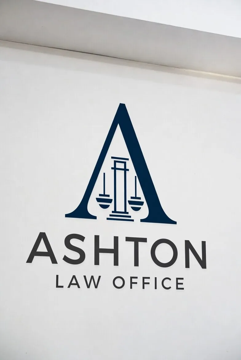 A sophisticated law office reception area with dark wood paneling, leather seating, and large windows overlooking a city skyline