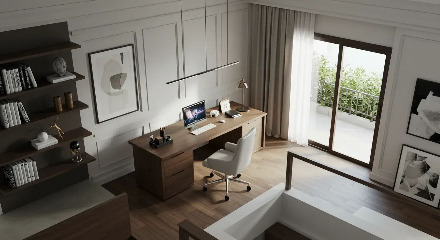 A modern home office with a wooden desk, white swivel chair, built-in shelves, and large sliding glass doors leading to a balcony