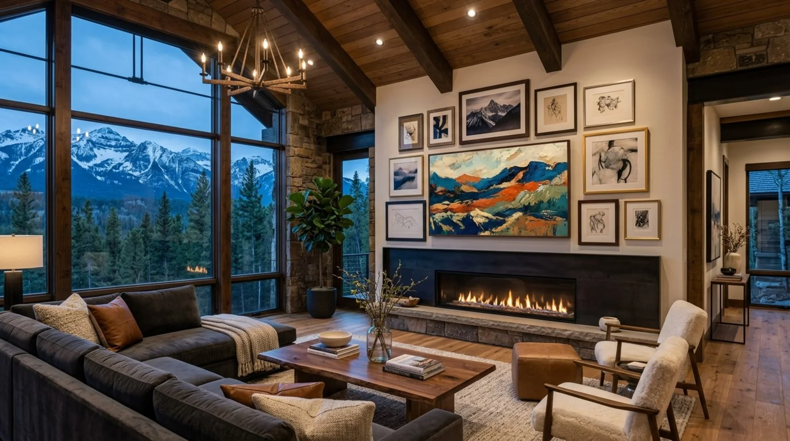 Vaulted great room where a gallery wall and linear fireplace form one integrated media and art wall beneath timber beams