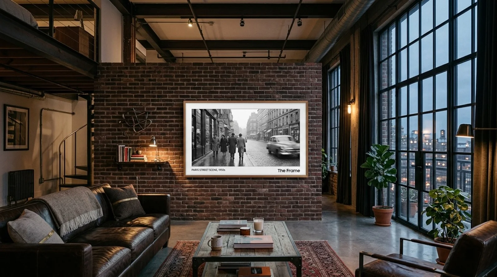 Brick loft wall with a frame-style TV displaying black and white photography, reading as framed art above leather seating