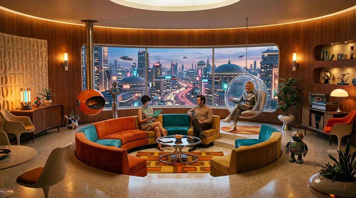 A retro-futuristic living room with curved sectional sofa, bubble chair, and a large window showing a futuristic cityscape