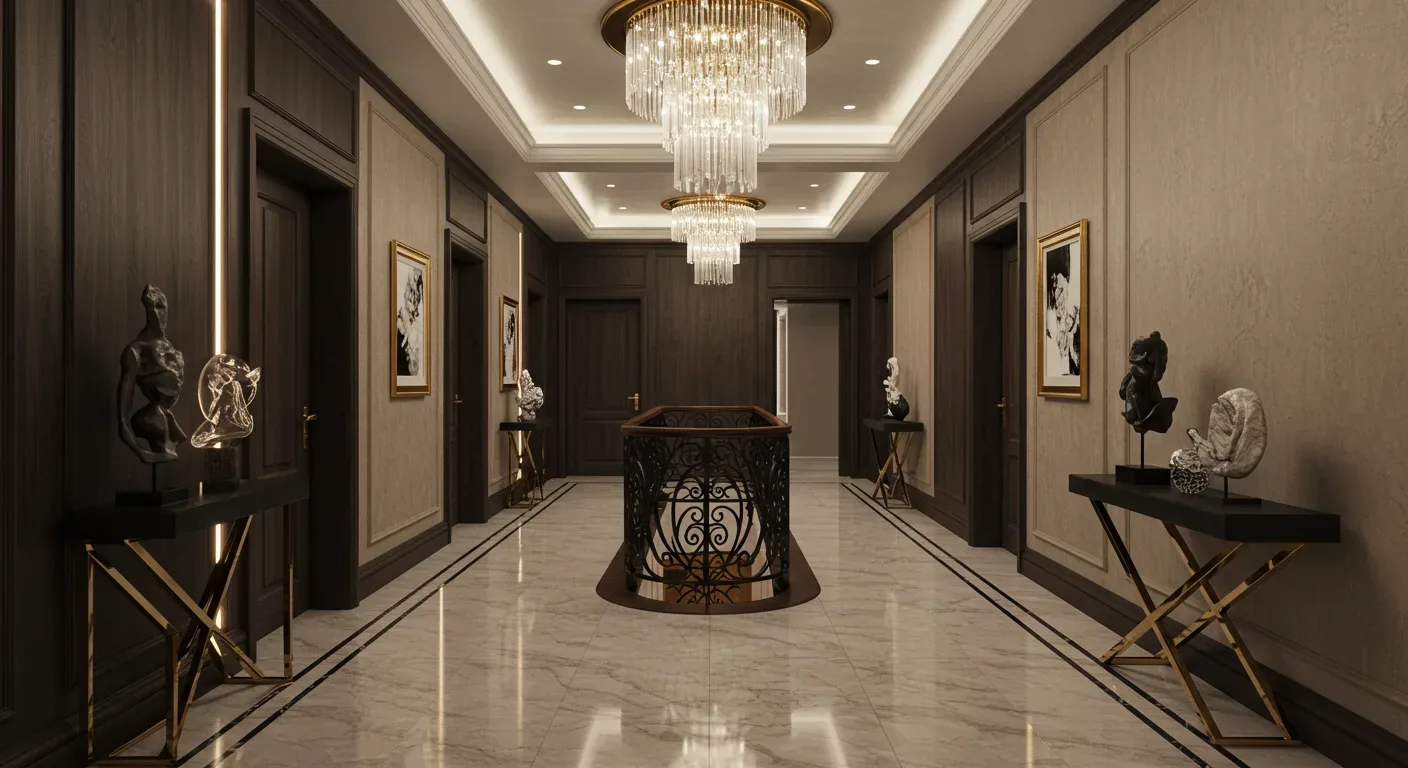A luxurious hallway with marble flooring, dark wood paneling, framed artwork, decorative sculptures on gold and black tables, and crystal chandeliers