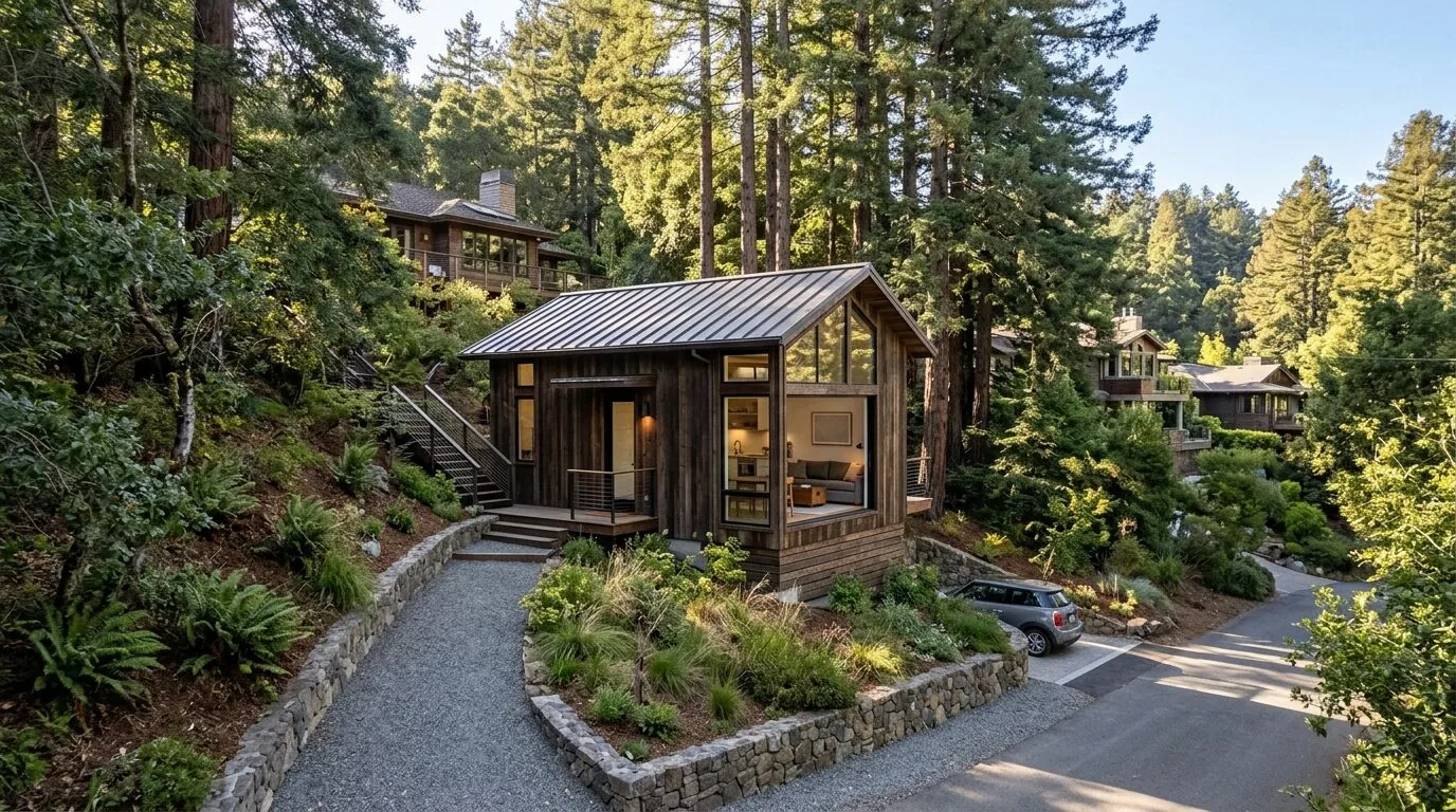 A small modern cabin-style house surrounded by tall trees and greenery on a hillside with a gravel path and stone retaining walls
