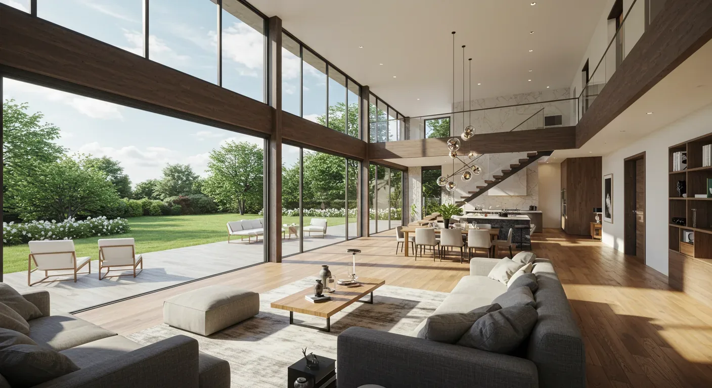 A spacious modern open-concept living and dining area with large floor-to-ceiling windows overlooking a green garden