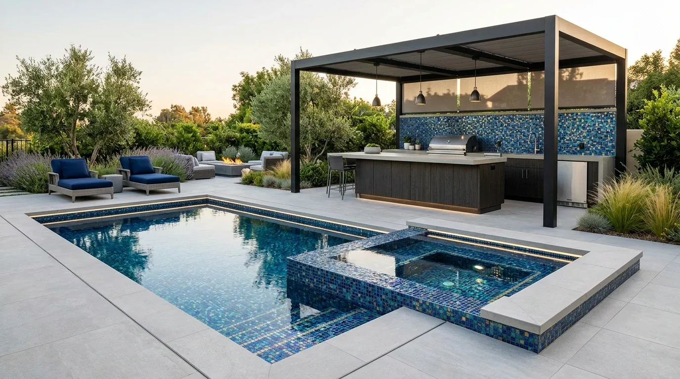 A modern hillside house with large glass windows, an infinity pool, and an outdoor sunken seating area with a fire pit