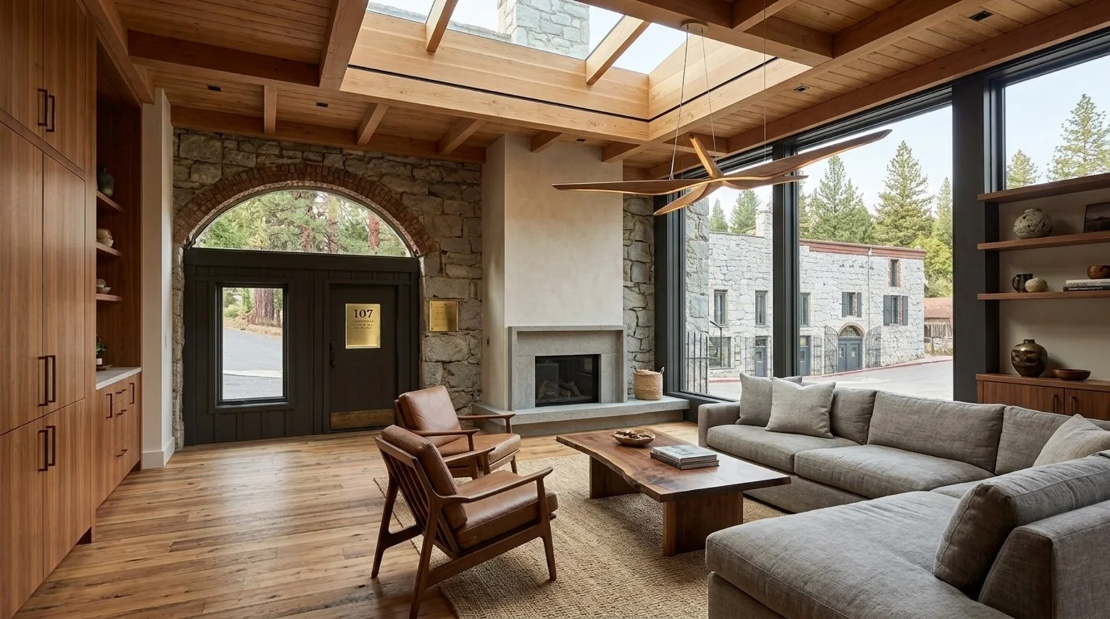 Modern living room with exposed wood beam ceiling, skylights, arched stone and brick entry wall, gray sectional, and leather lounge chairs