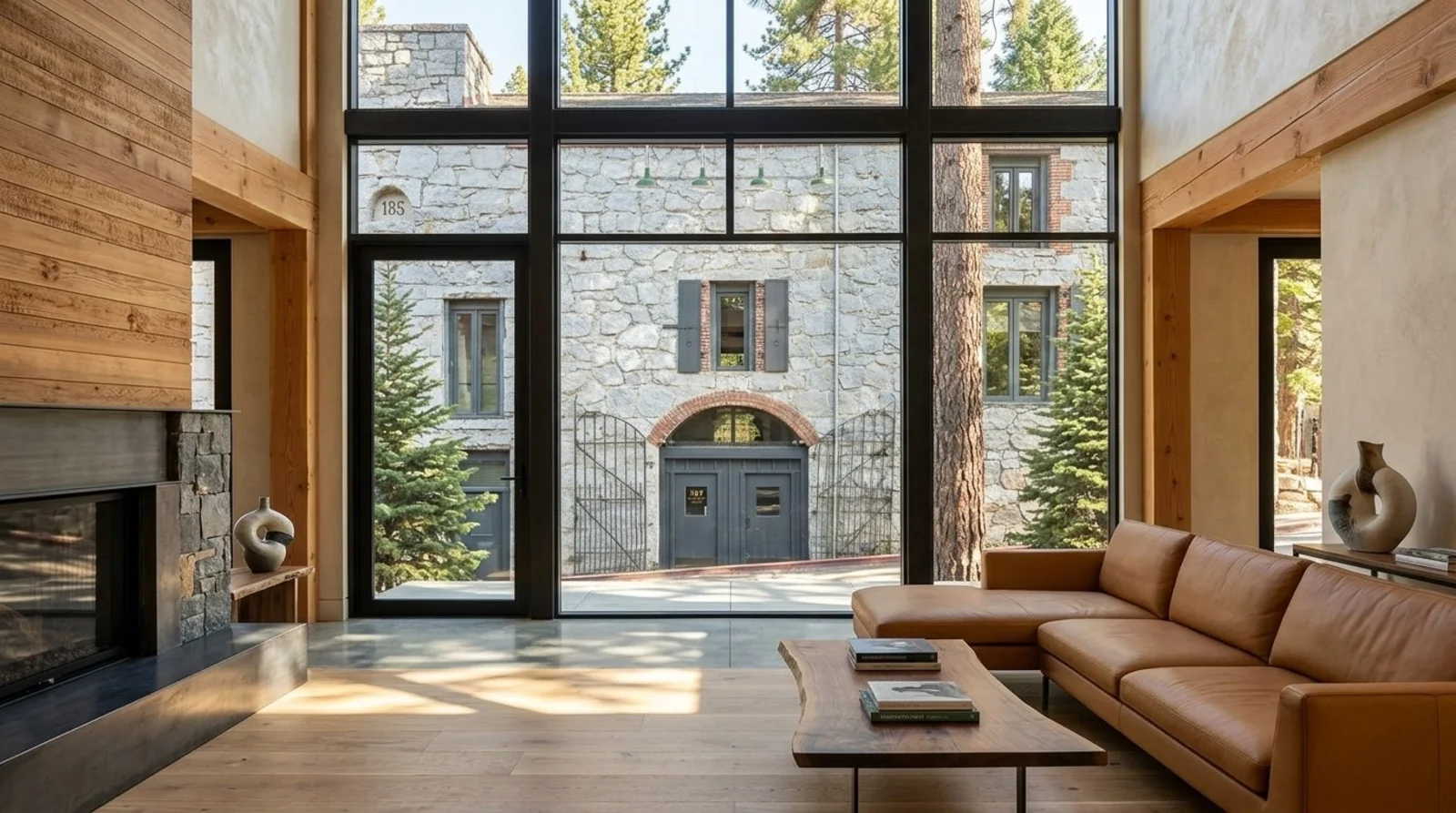 Double-height steel-framed window wall framing the historic stone building outside, with a caramel leather sectional and live-edge walnut coffee table