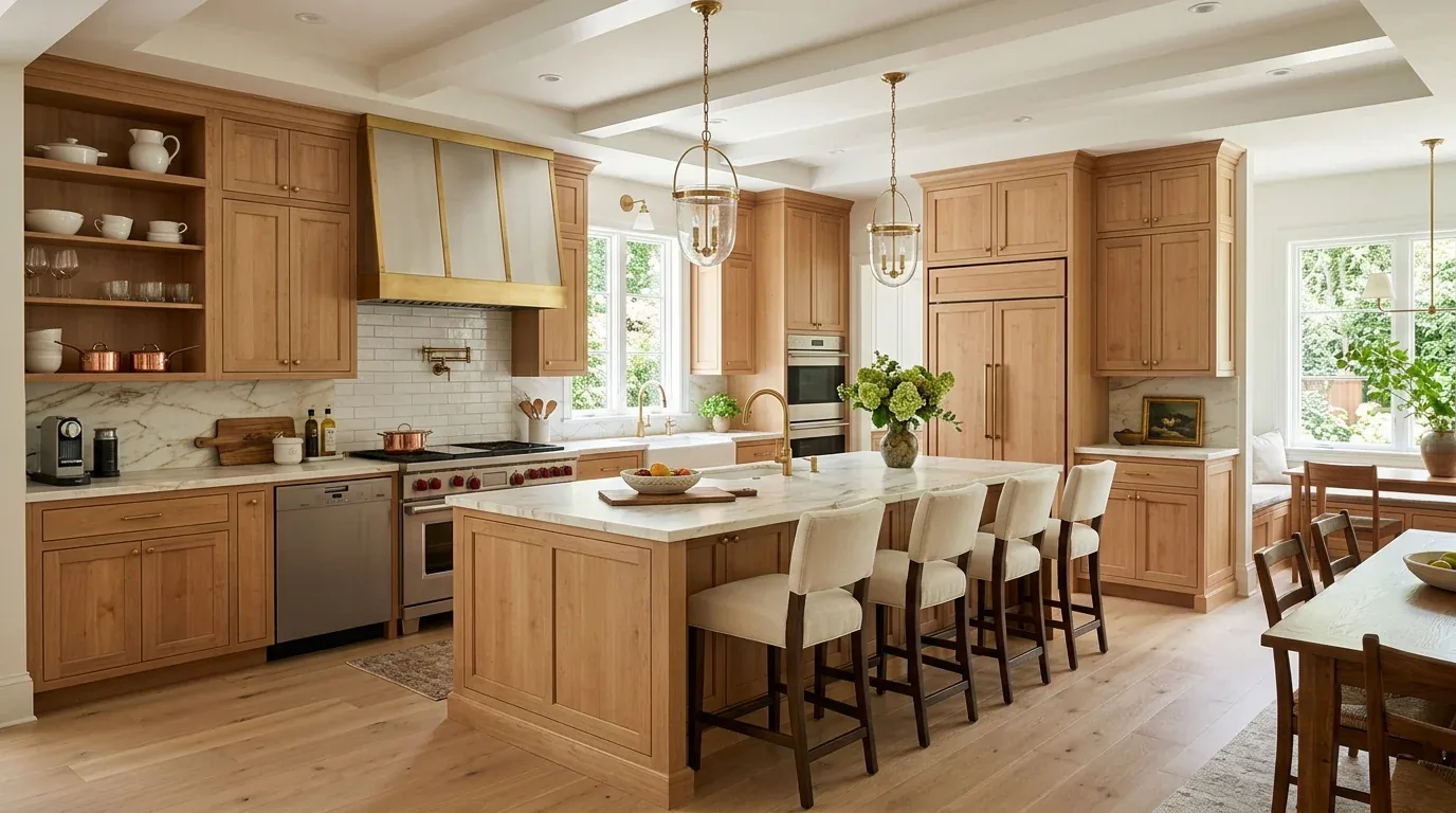 A kitchen needs focus: light wood cabinets and a marble island. Brass fixtures pull everything together