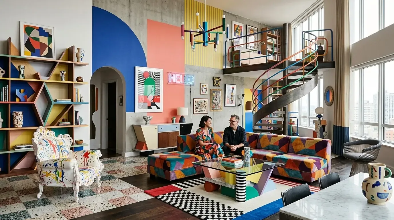 A bold living room with patterns, spiral stairs, and big windows