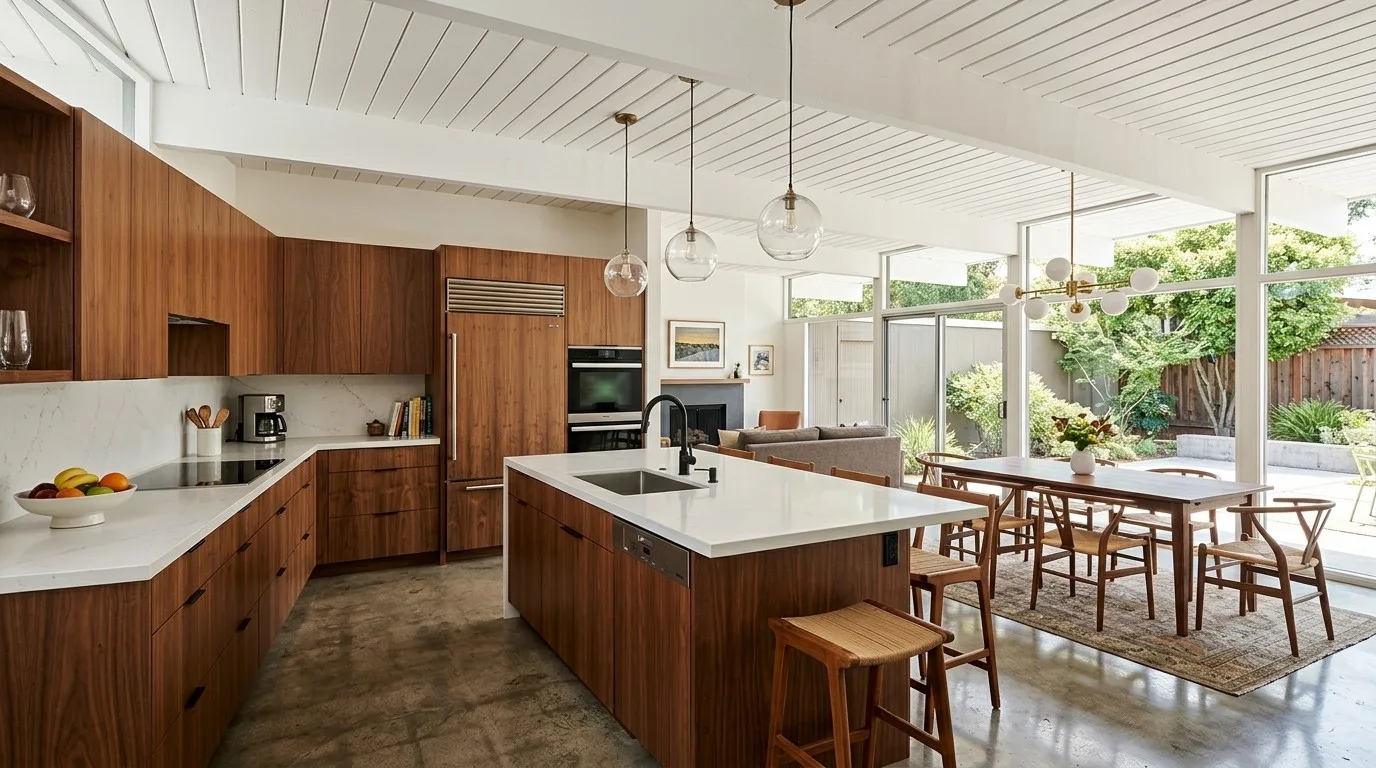 An open Eichler kitchen with walnut cabinetry, a white quartz island, globe pendants, and a dining area beside floor-to-ceiling glass