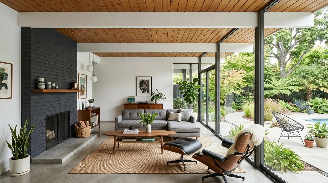 A mid-century Eichler living room with a black brick fireplace, wood tongue-and-groove ceiling, and glass walls opening to the garden