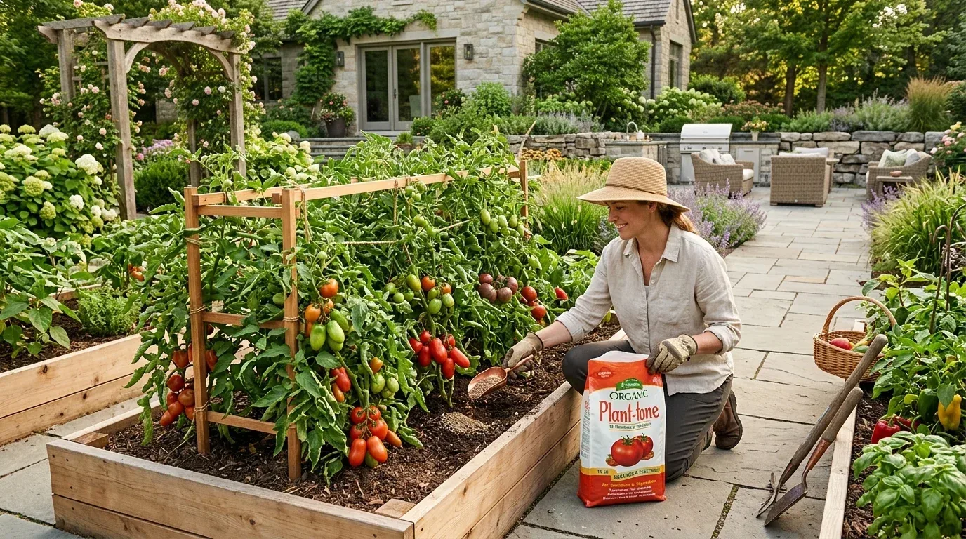 A woman gardening in a raised bed garden with tomato plants, using organic fertilizer in a well-maintained outdoor patio garden