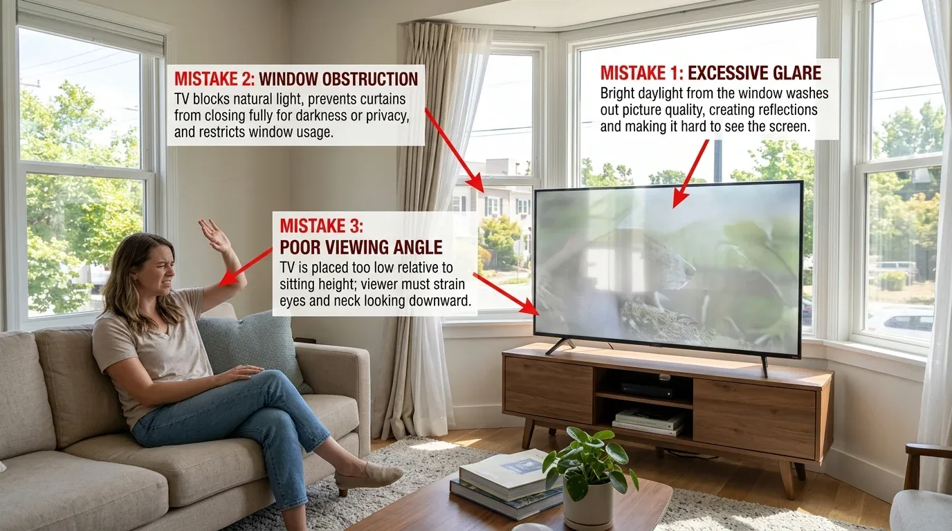 A living room with a woman sitting on a couch gesturing at a TV placed low on a wooden stand in front of windows, with text highlighting three common TV placement mistakes