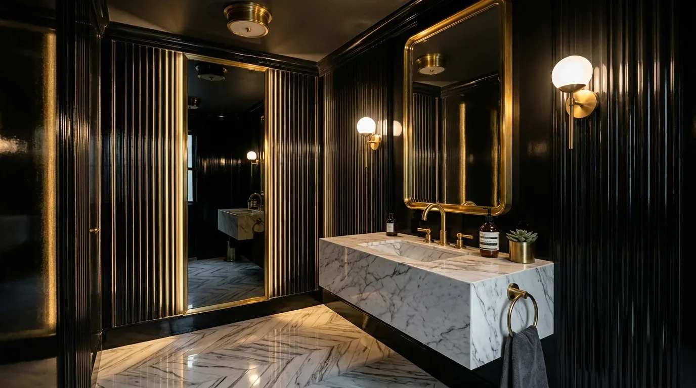 A luxurious bathroom with black ribbed walls, a large marble sink, gold fixtures, and a gold-framed mirror