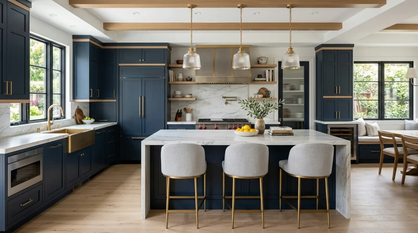 A modern kitchen with navy blue cabinetry, marble countertops, gold fixtures, and a large island with three upholstered bar stools