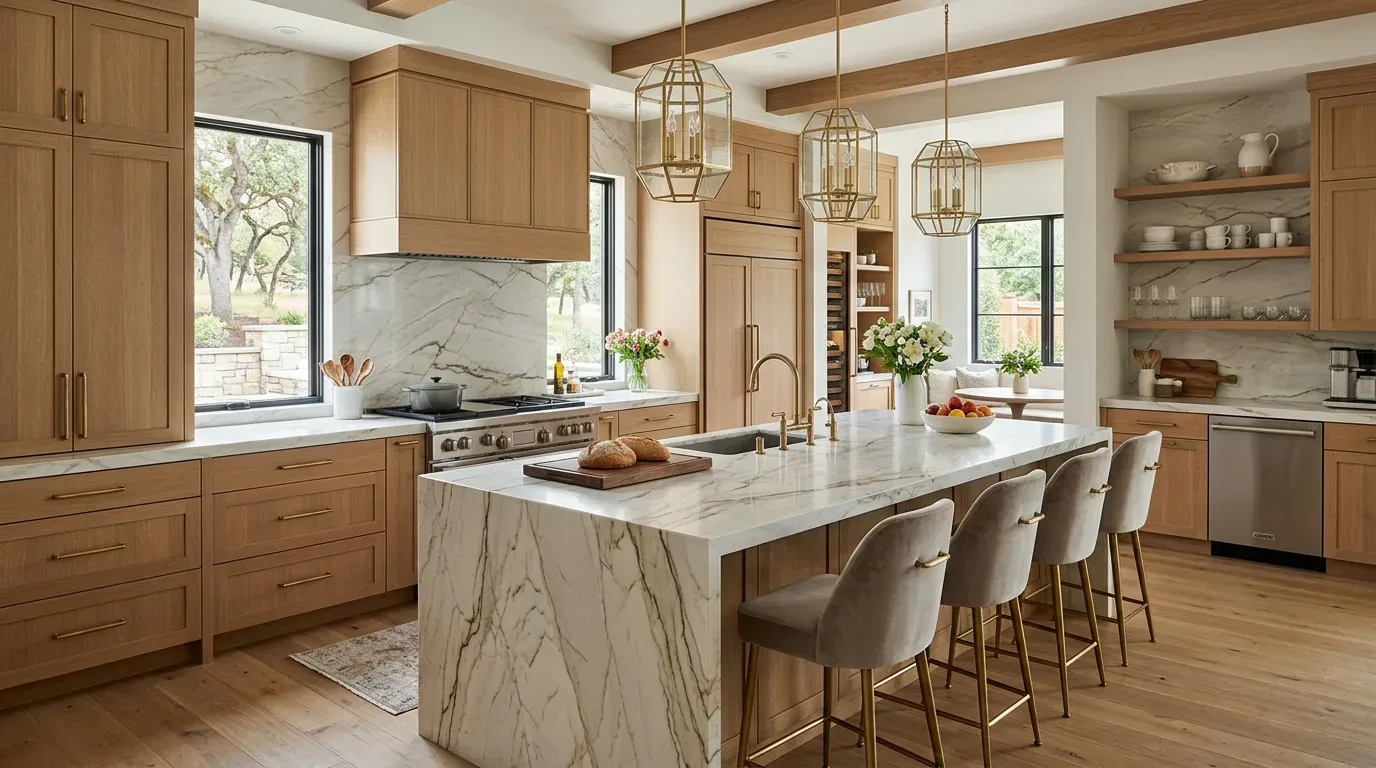 A modern kitchen with wood cabinetry, marble countertops and backsplash, gold fixtures, and pendant lighting
