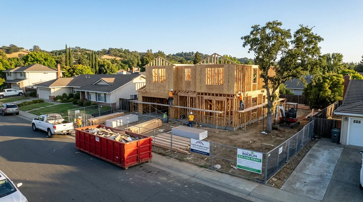 Wood framing, construction crew on a new house in a suburban block