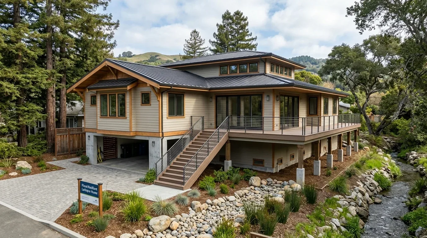 Modern house, metal roof. Trees and stream around it. Deck wraps around too