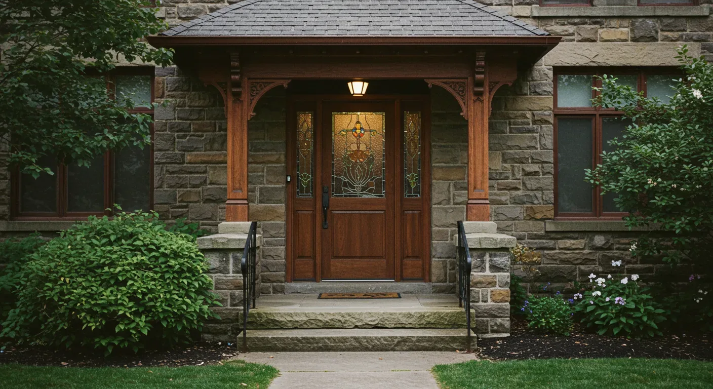 Stone exterior with wooden front door featuring stained glass panels and a small porch with steps and greenery on both sides