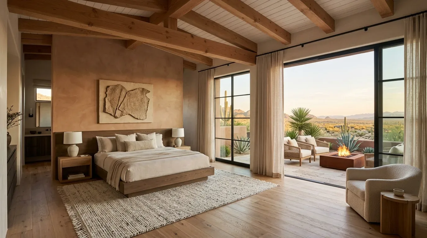 A spacious bedroom with wooden beams, neutral tones, large windows opening to an outdoor seating area with a fire pit and desert landscape