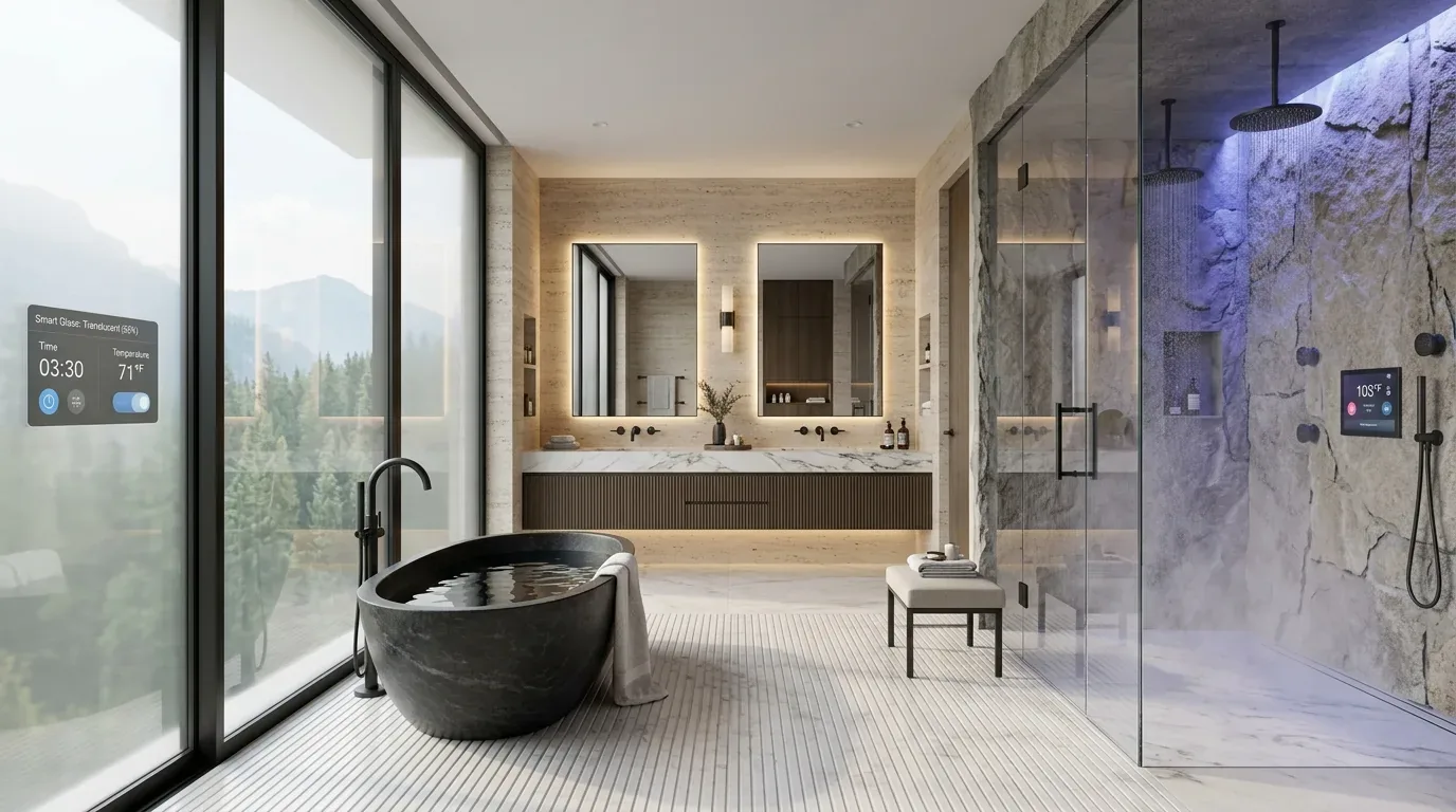 A modern bathroom with a black freestanding tub, double vanity with backlit mirrors, and a glass-enclosed shower with stone walls and digital controls