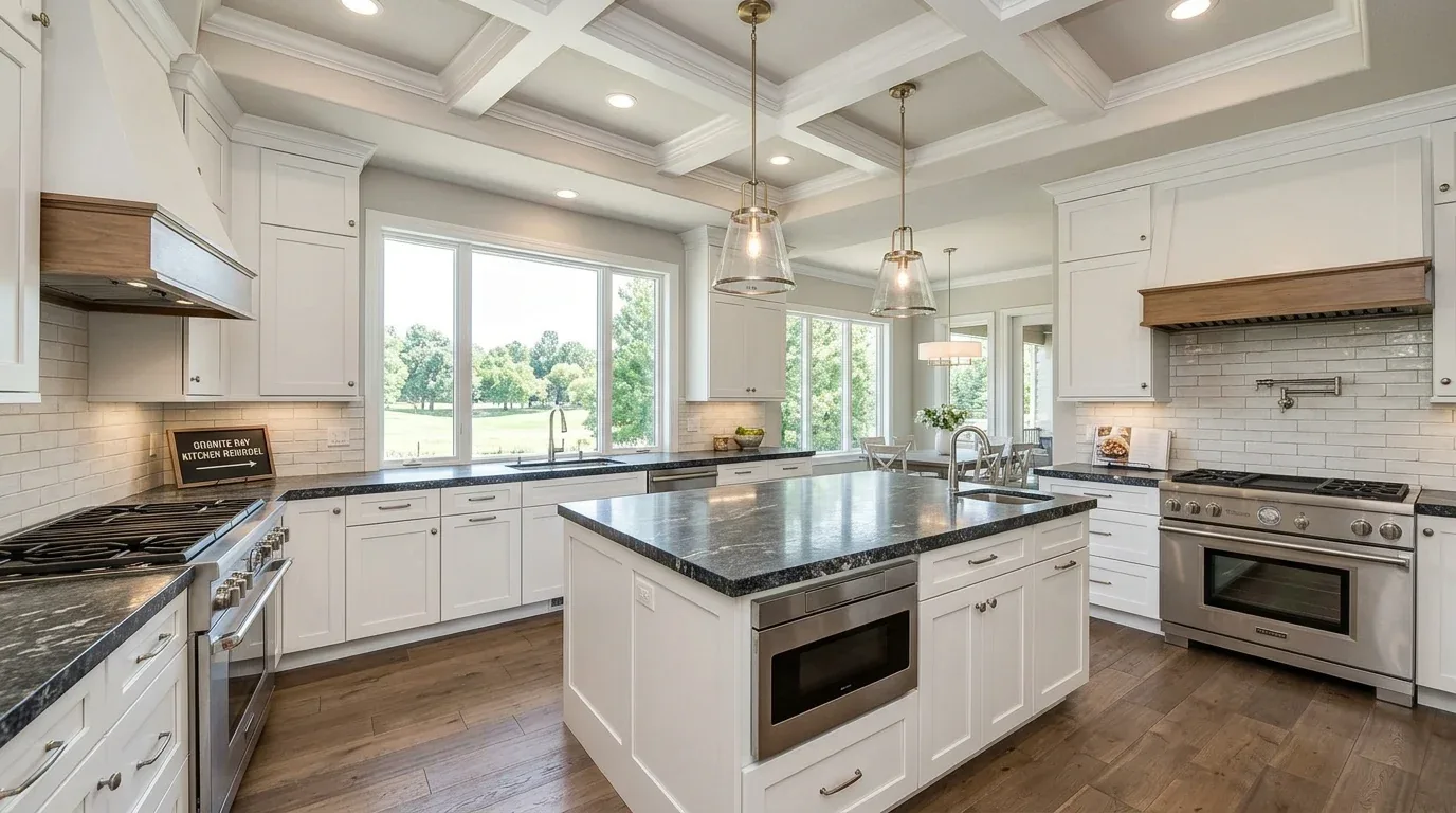 A bright modern kitchen with white cabinetry, dark countertops, stainless steel appliances, and large windows overlooking greenery