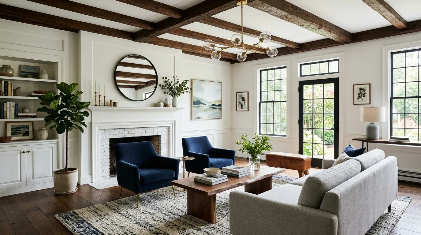 A bright living room with wooden ceiling beams, a white brick fireplace, navy blue armchairs, a gray sofa, and large windows with black frames