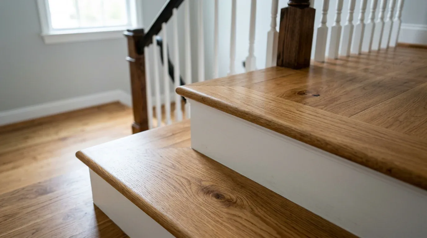 Close-up of wooden stairs with white risers and a wooden handrail in a well-lit interior space