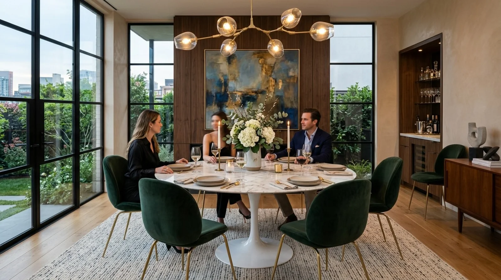 Round marble tulip table set for dinner and paired with emerald green velvet chairs under a branching brass chandelier