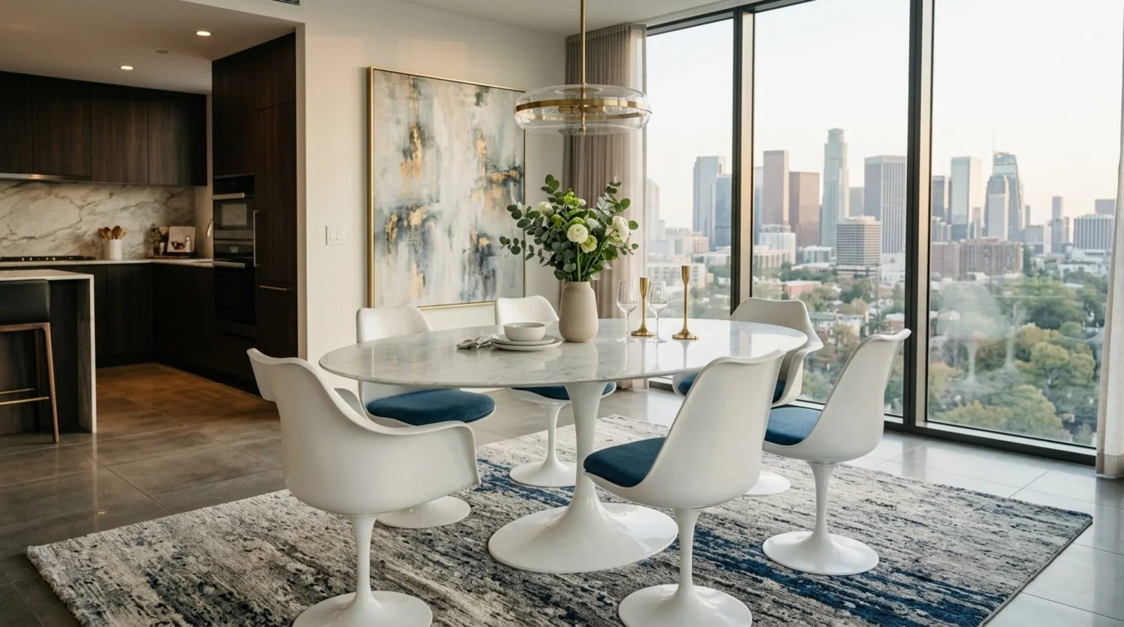 Oval marble Saarinen tulip table with white tulip armchairs and blue seat cushions in a dining area with floor to ceiling city views