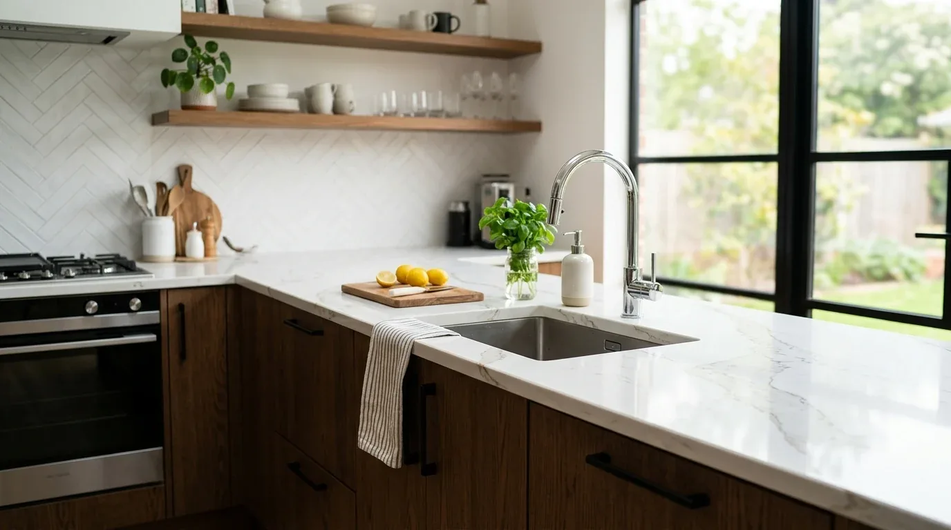A modern kitchen with white marble countertops, wooden cabinets, open wooden shelves, and a large window overlooking a garden