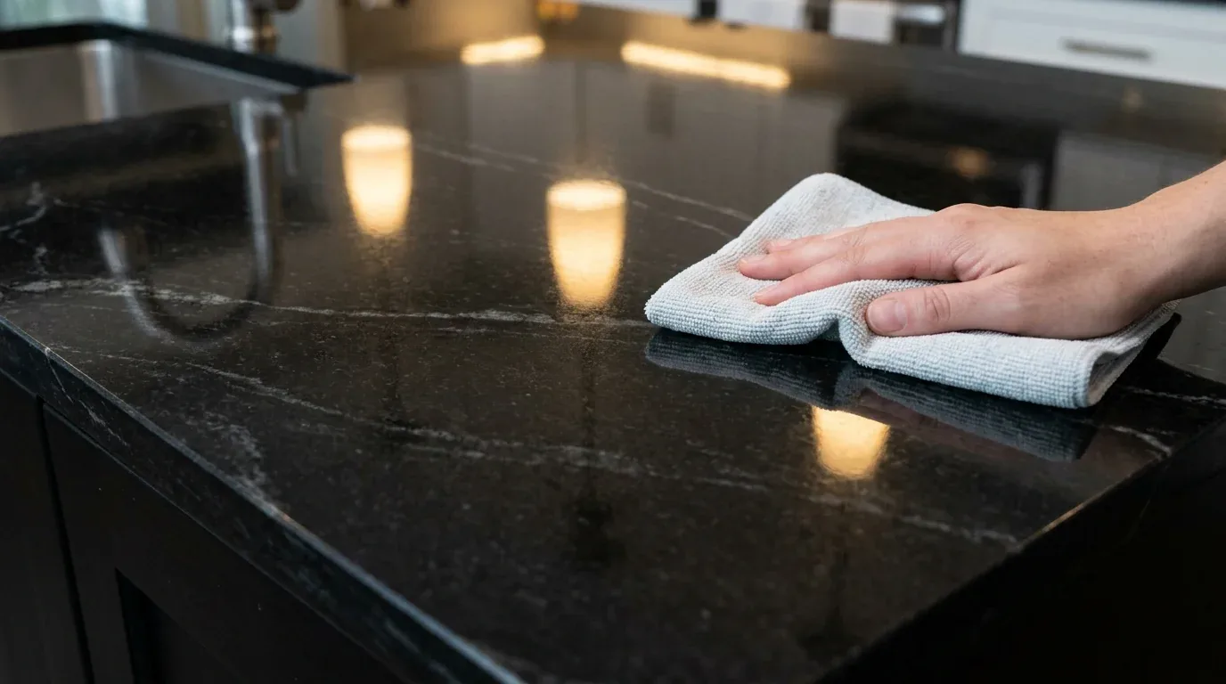A close-up of a hand wiping a polished black marble kitchen countertop with a white cloth