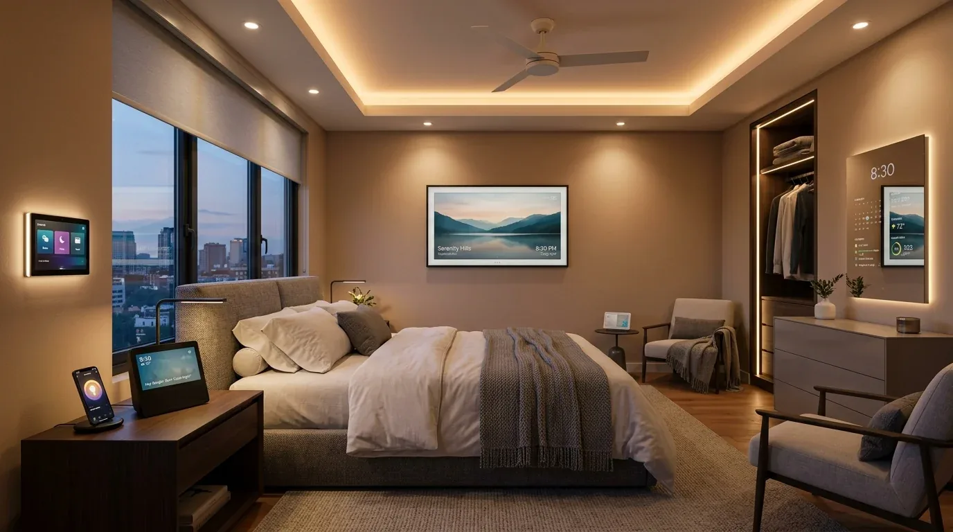 A modern bedroom with smart home devices, ambient lighting, and a city view through large windows