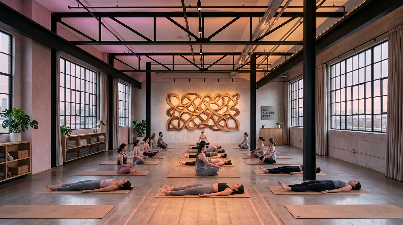 A spacious yoga studio with tall industrial windows, polished concrete floors, and a class practicing on mats