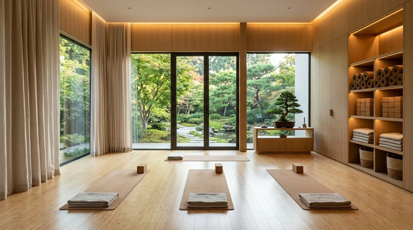 A calm yoga studio with wooden floors, neatly arranged mats and props, and large windows overlooking a lush garden