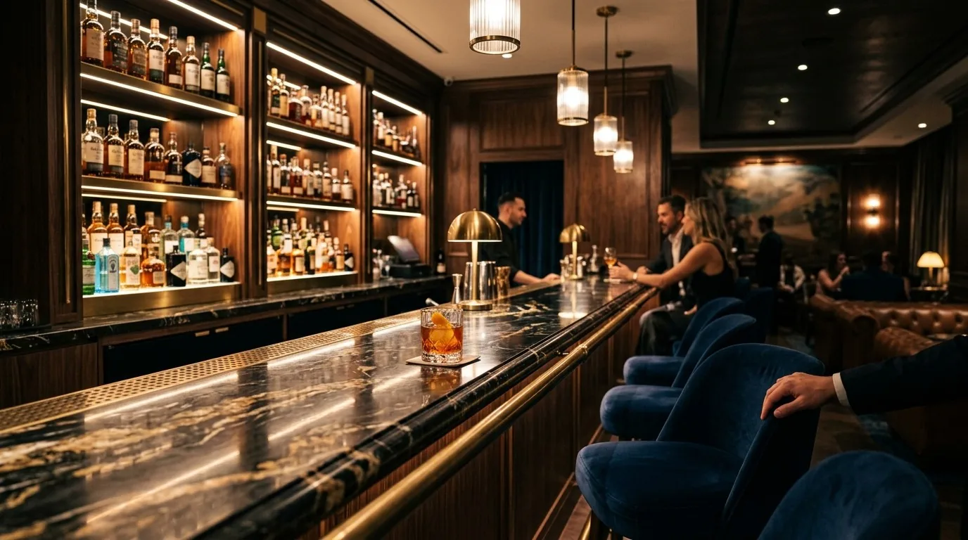 A luxurious bar interior with a marble countertop, wooden shelves stocked with liquor bottles, and blue velvet bar stools