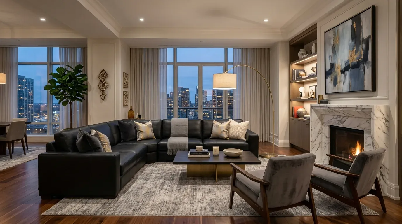 A modern living room with a large black sectional sofa, two armchairs, a marble fireplace, and a city skyline visible through large windows
