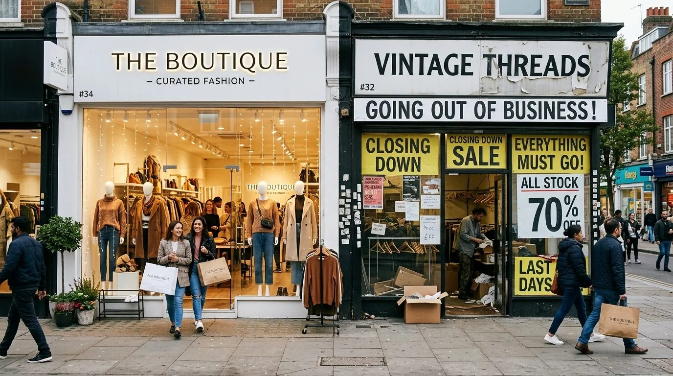 Street view of two adjacent fashion retail stores, one named THE BOUTIQUE with mannequins and shoppers, and the other named VINTAGE THREADS with closing down sale signs