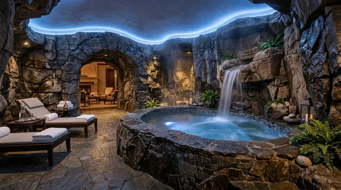 A luxurious indoor spa room with a stone hot tub, waterfall feature, lounge chairs, and rock cave-like walls