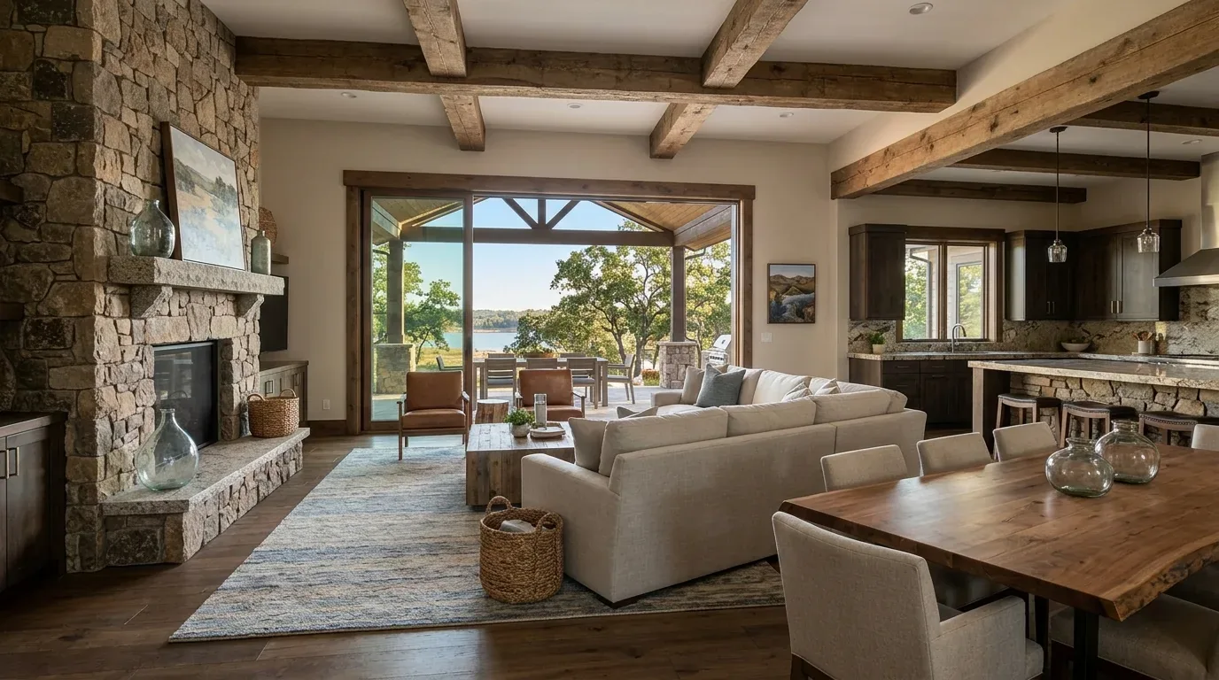 A spacious open-concept living room and kitchen with rustic stone fireplace, wooden beams, and large windows overlooking a scenic outdoor area with trees and water