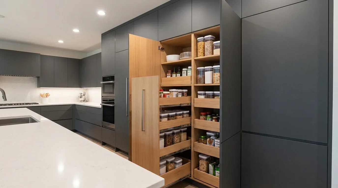 A modern kitchen with dark gray cabinets, a white marble countertop island, and an open pantry cabinet showing organized containers and jars
