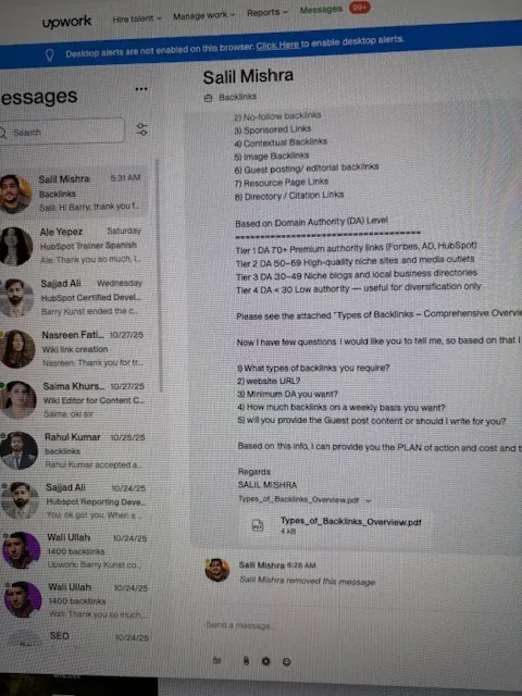 Screenshot of a messaging interface on Upwork showing a conversation about backlinks and SEO services