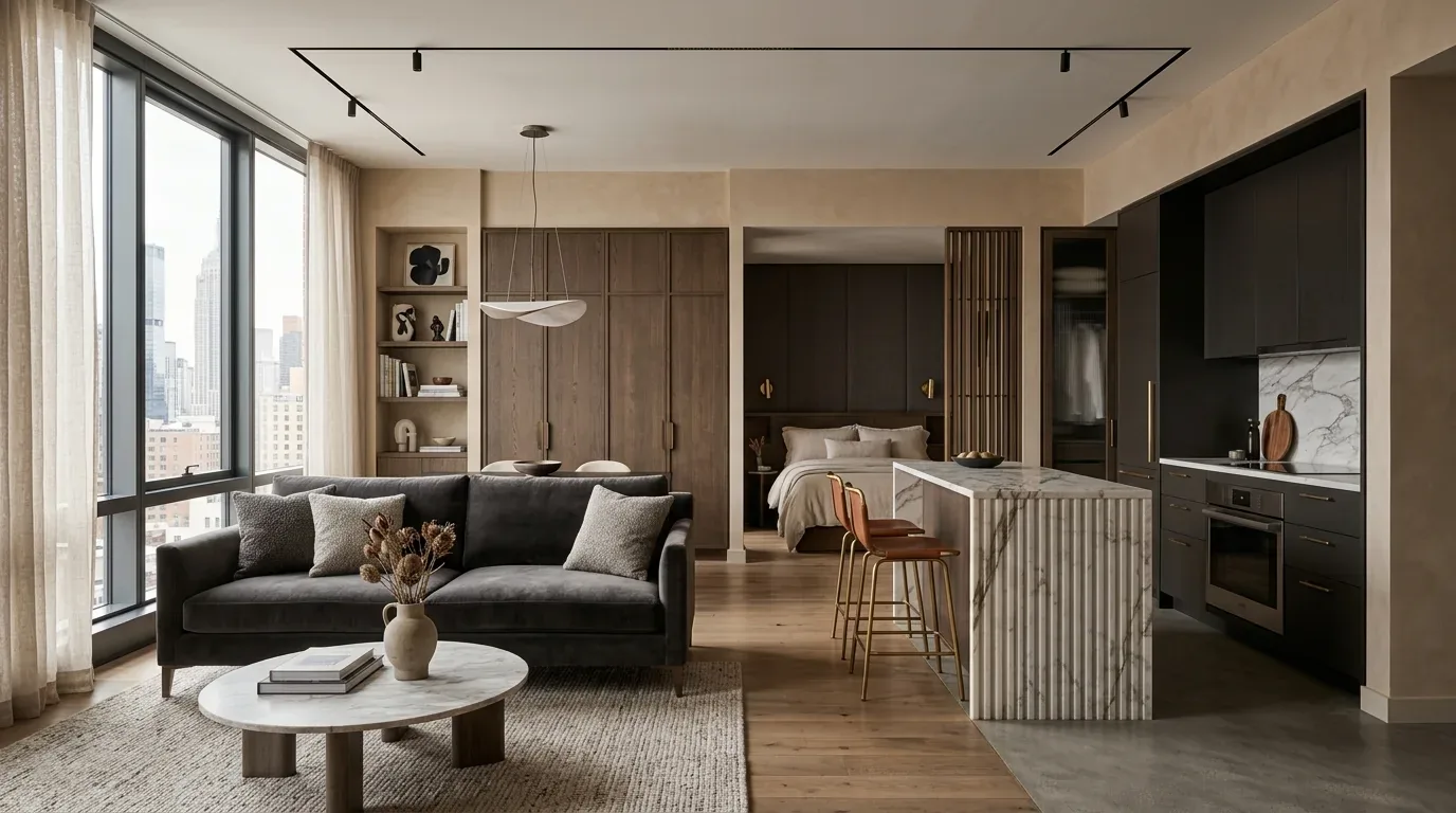 A modern open-concept living space featuring a living room, kitchen with marble island, and a bedroom in the background