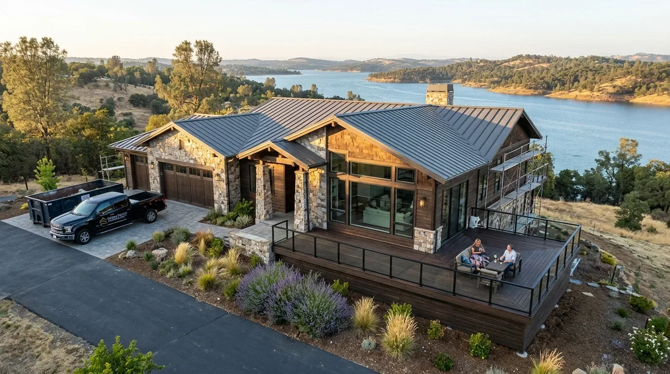 A modern stone and wood house with a metal roof overlooking a lake, featuring a large deck with two people sitting and a truck parked in the driveway