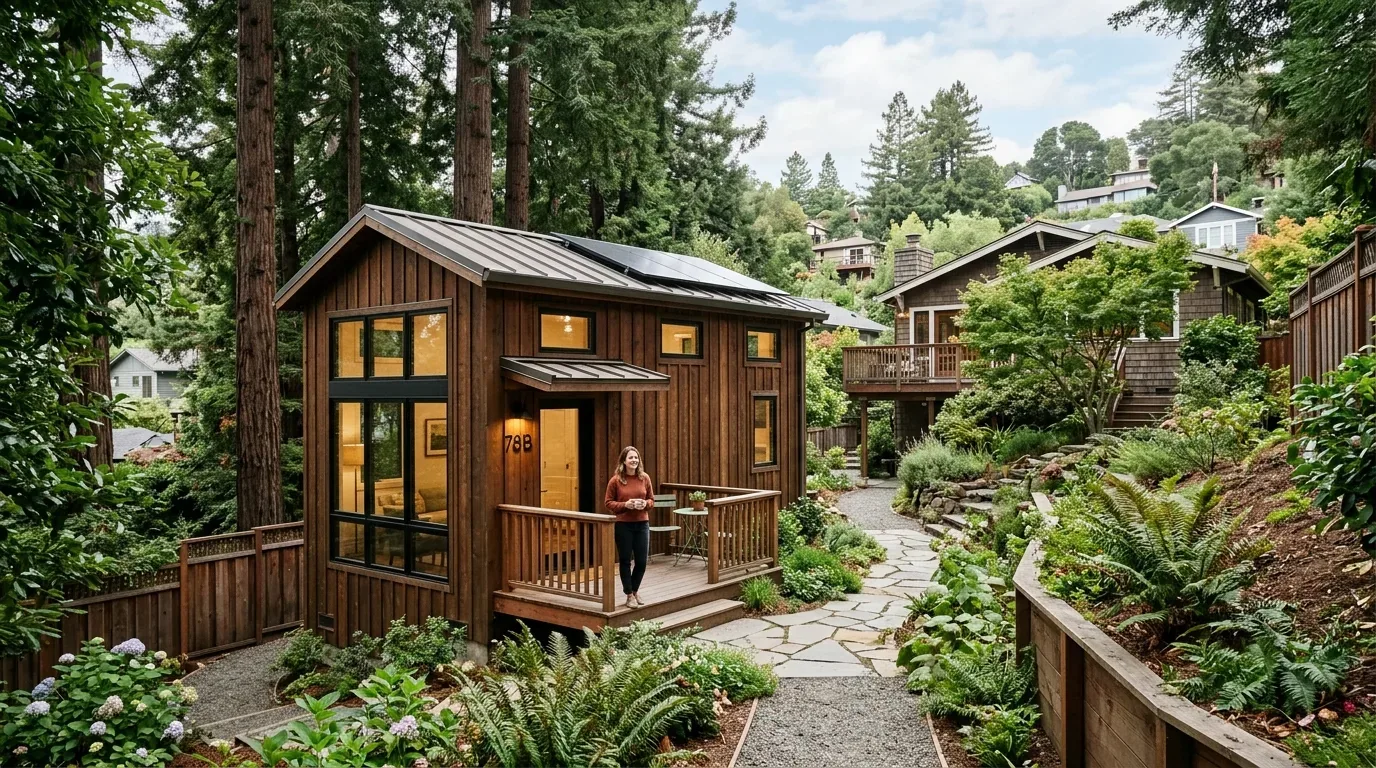 A small modern wooden cabin with large windows and a porch, surrounded by lush greenery and a stone pathway, with a woman standing on the porch