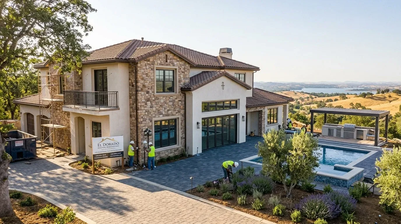 A large modern Mediterranean-style house with stone and stucco exterior, a tiled roof, a pool, outdoor kitchen, and workers landscaping the yard