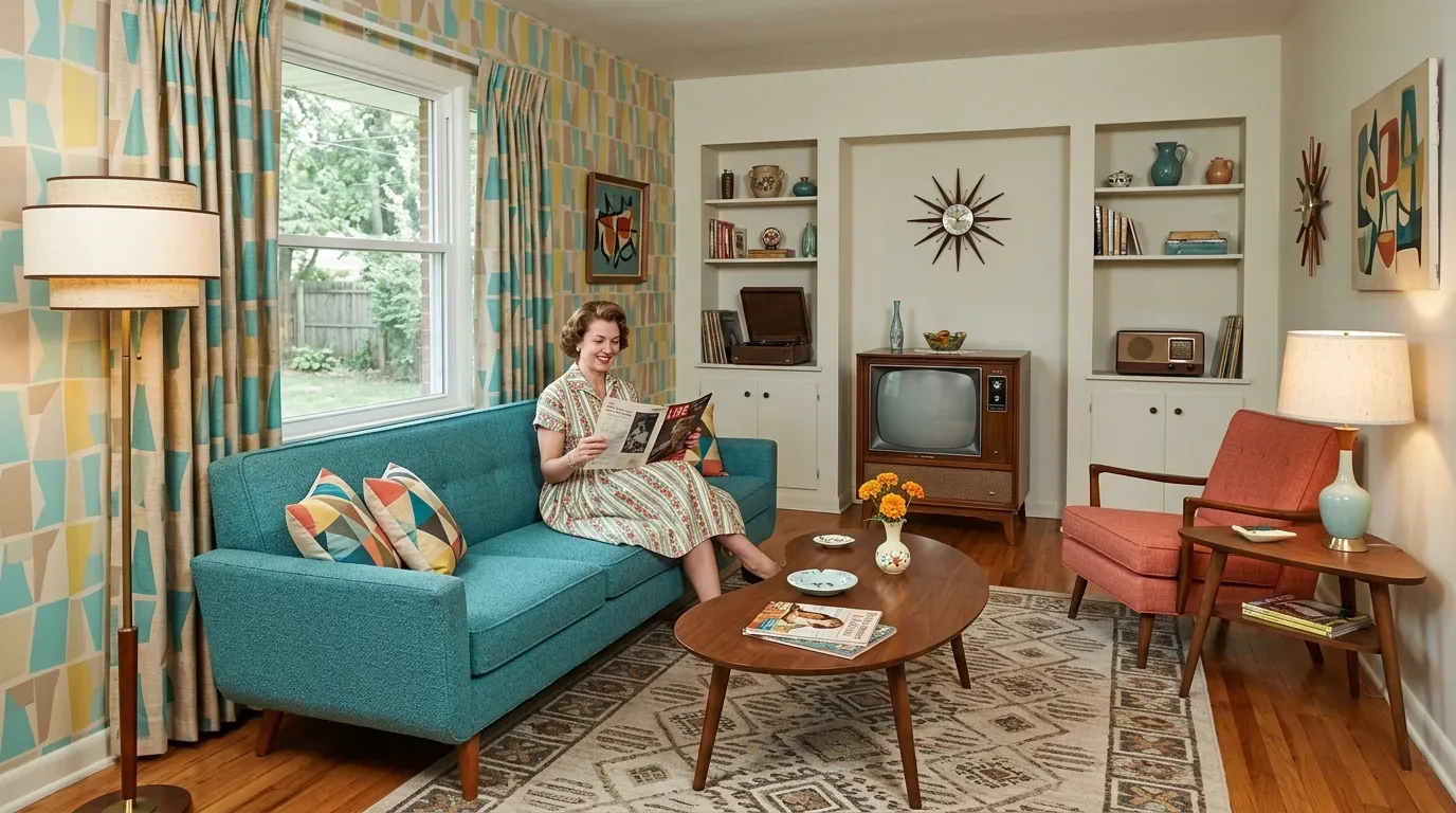 A mid-century modern living room with a woman sitting on a teal sofa reading a TIME magazine, featuring retro furniture, patterned wallpaper, and a vintage television